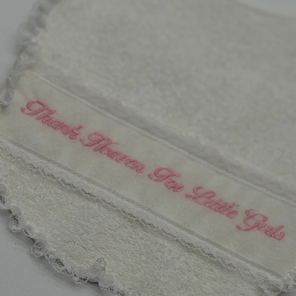Little Me Vintage Baby Bib Thank Heaven For Little Girls White Lace Trim US Made
